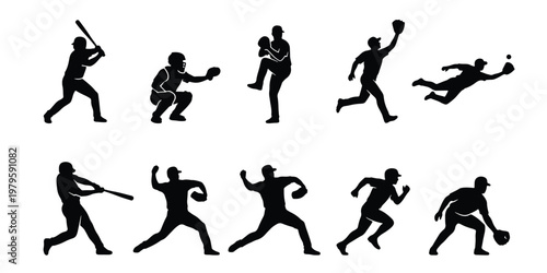 Baseball player silhouettes set, 10 black vector icons of athletes pitching and batting, professional sports action poses on white background