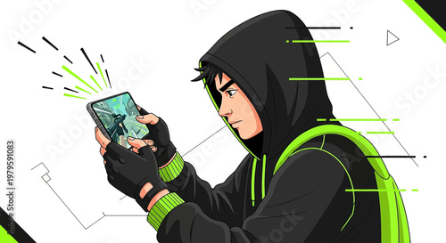 Intense mobile gaming illustration featuring a focused player engrossed in competitive action on