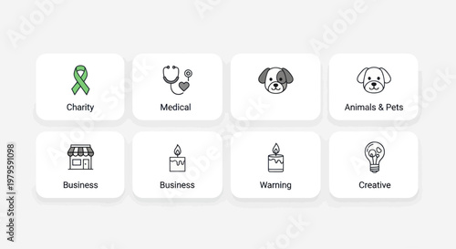 Collection of 8 simple line art icons on rounded white cards: charity, medical, pet, business, warning, creative