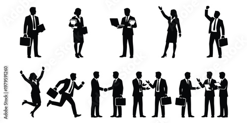 Professional business people silhouettes set, corporate office workers in suits, diverse group of businessmen and businesswomen in action poses