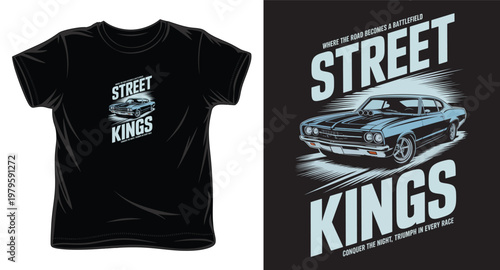 Classic muscle car t-shirt print with street kings slogan and high speed racing vehicle vector for dark apparel.
