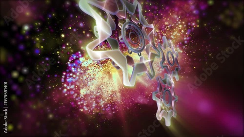 Abstract glowing gears rotating in outer space, surrounded by glowing particles and energy clouds, symbolize movement, technology and dynamic mechanical systems in a futuristic, surreal visual style.
