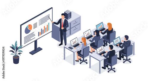 Business people working at office desks.