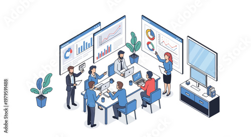 Business people working at office desks.