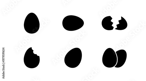 Minimalist egg silhouette icons, black cracked eggshell set, 6 vector food elements
