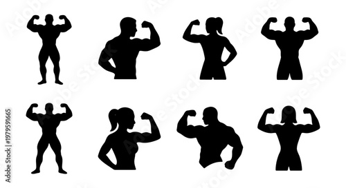 Bodybuilder silhouettes set, muscular fitness athlete icons, 8 gym workout vector elements