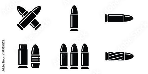 Military bullet icon set, black ammunition vector symbols, firearm cartridge and projectile graphics, 6 weapon ammo elements for tactical design