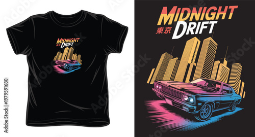 Retro midnight drift classic car in urban city night vector graphic for apparel printing.