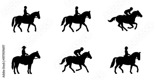 Equestrian horse rider silhouettes, set of 6 racing and dressage icons, vector graphics