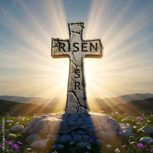 Stone Cross with Risen Text at Sunrise in a Field of Wildflowers