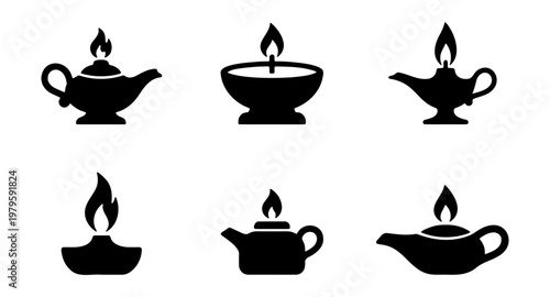 Vintage oil lamp icons, set of 6 black magic lantern vectors, antique flame symbols
