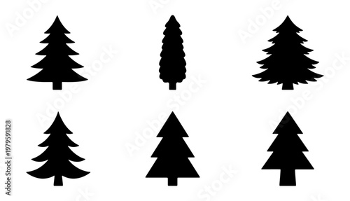 Pine tree silhouette collection, 6 evergreen forest icons, black conifer vector set