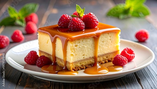 Delicious Cheesecake Square with Caramel Drizzle and Fresh Raspberries.