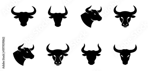 Obraz na plátně Bull head silhouette icons, 8 black buffalo mascots, horned cattle vector logo s