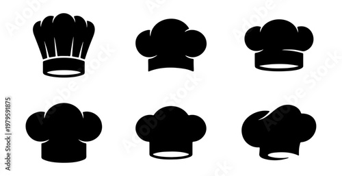 Chef hat icons set, black toque silhouettes, 6 restaurant headwear vector elements