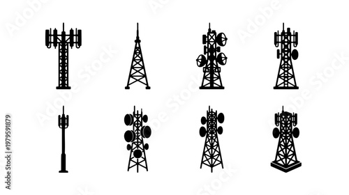Telecommunication tower icons, 8 cellular signal mast vectors, radio antenna silhouettes