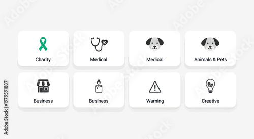 Collection of Flat Icons: Charity, Medical, Business, Animals, Warning, Creative