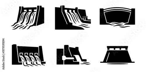 Hydroelectric dam icon set, 6 water power station vectors, renewable energy silhouettes