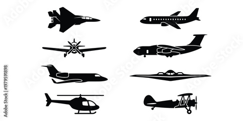 Aviation silhouette set with 8 aircraft icons, military jet and commercial airplane vector graphics, helicopter and vintage biplane black shapes