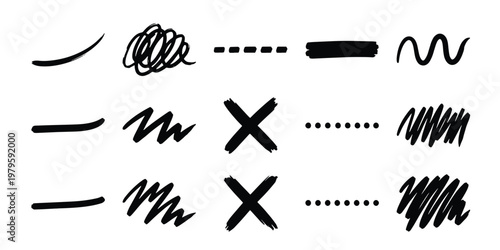 Hand drawn brush strokes and marker scribbles, black ink doodle set with 13 vector elements, messy charcoal lines and cross marks for design