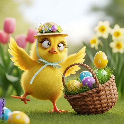 Funny Easter Chick Character Wearing Straw Hat and Carrying Basket of Easter Eggs