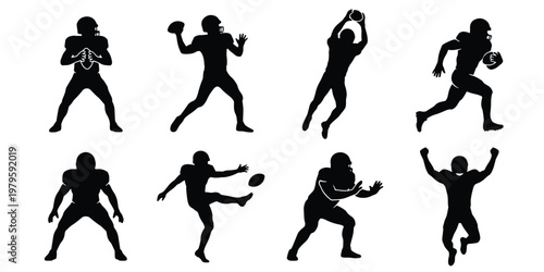 American football player silhouettes set, 8 vector athlete icons in action poses, black sport figures throwing and catching ball on white background