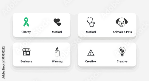 Collection of Icons: Charity, Medical, Business, Animals, Warning, Creative Ideas