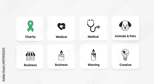Collection of Icons: Charity, Medical, Business, Animals, Warning, Creative