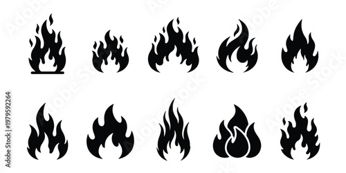 Black fire flame icon set, 10 flat vector bonfire silhouettes, minimalist heat and energy symbols for logo design and warning signs