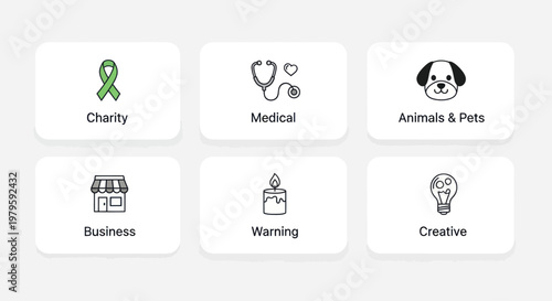 Collection of Icons: Charity, Medical, Pets, Business, Warning, Creative Ideas
