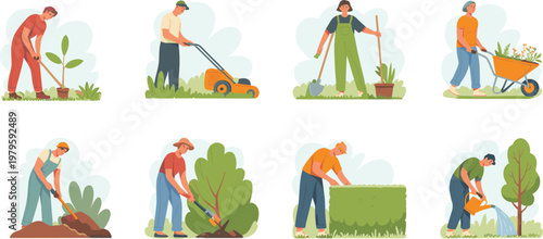 People gardening character set planting trees mowing lawn and watering plants for backyard landscaping and outdoor hobby vector illustration.