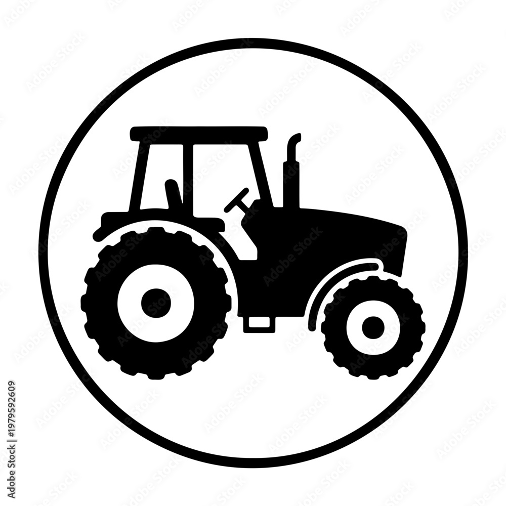 Obraz premium Minimalist tractor icon vector, black farm machinery silhouette, agricultural logo sign