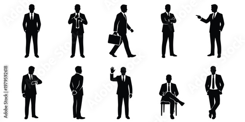 Professional businessman silhouettes in various poses, set of 10 corporate male figures in suits, black vector icons of office workers and executives