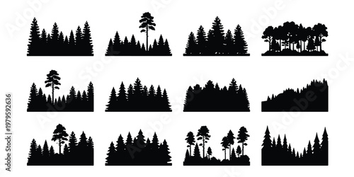 Black forest silhouette collection, 12 pine tree landscape elements, coniferous woodland horizon icons, evergreen timber forest vector set