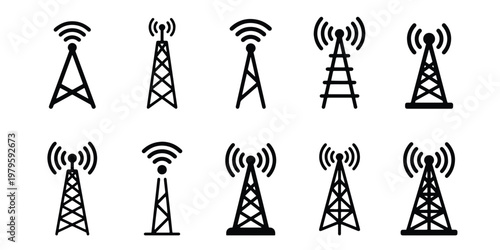 Radio tower icons set, 10 communication antenna vector symbols, black telecommunication signal mast silhouettes for mobile network and broadcast
