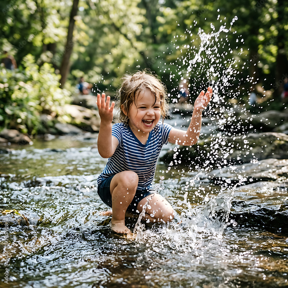 Fototapeta premium A young boy playing in a stream on a sunny day