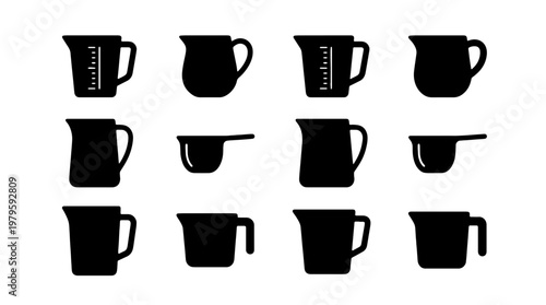 Measuring cup silhouette icons, 12 kitchen pitcher vector elements, baking tool set