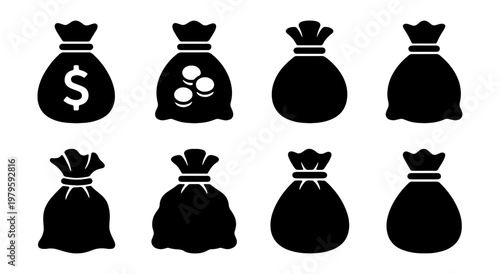 Money bag icon set, black silhouette currency sacks, 8 finance vector elements for web