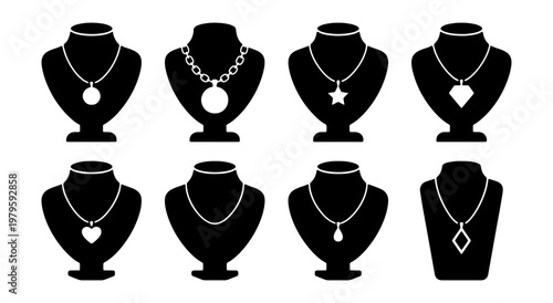 Black jewelry bust icons, 8 necklace display vectors, pendant mannequin silhouettes