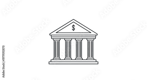 Bank building icon, financial institution, money symbol, classic architecture, simple outline design