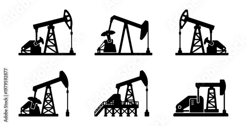 Oil pump jack silhouette set, 6 industrial petroleum rig icons, fuel energy vector