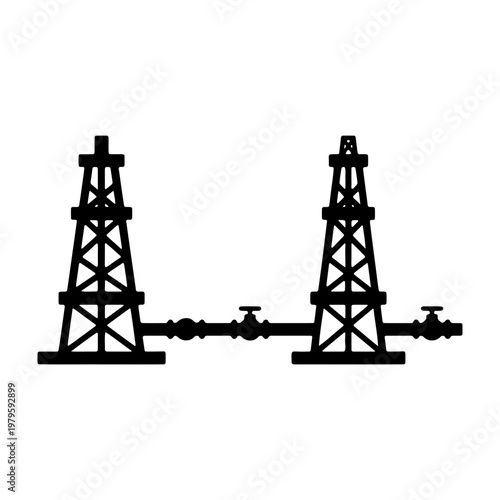 Industrial oil derrick silhouette, petroleum drilling rig vector, fuel pipeline icon