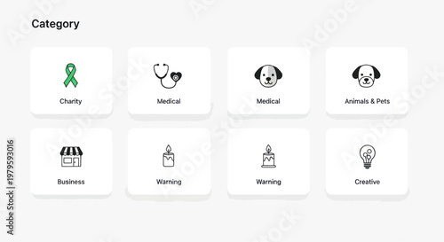 Collection of Icons Representing Various Categories: Charity, Medical, Business, Animals, Warning, Creative
