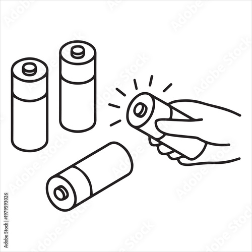 A hand holding a battery with two batteries beside it