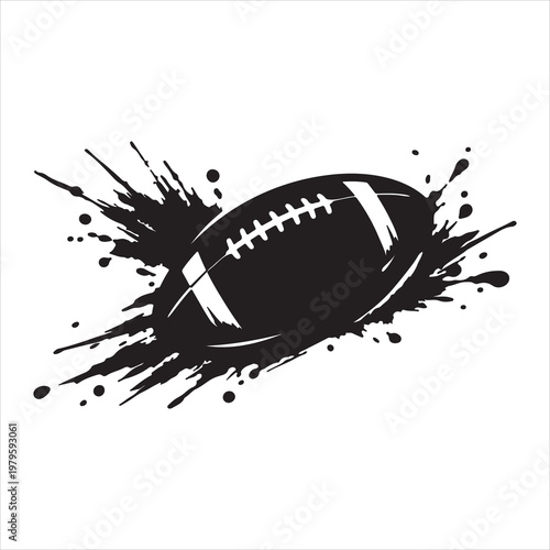 A black and white image of a football with paint splatter