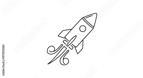 Simple rocket ship launching with stylized smoke trails, line art illustration