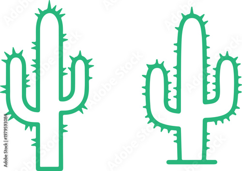 Two green line art saguaro cacti on a white background