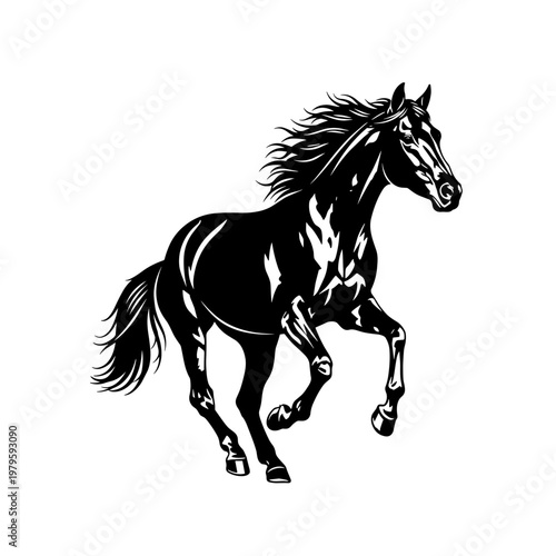 Dynamic black stallion silhouette art depicting galloping horse movement