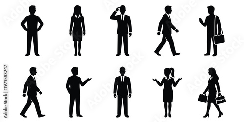 Professional business people silhouettes, set of 10 corporate office worker icons, diverse male and female entrepreneurs in formal suits and attire