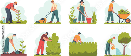 People gardening character set planting trees mowing lawn and watering plants for backyard landscaping and outdoor hobby vector illustration.